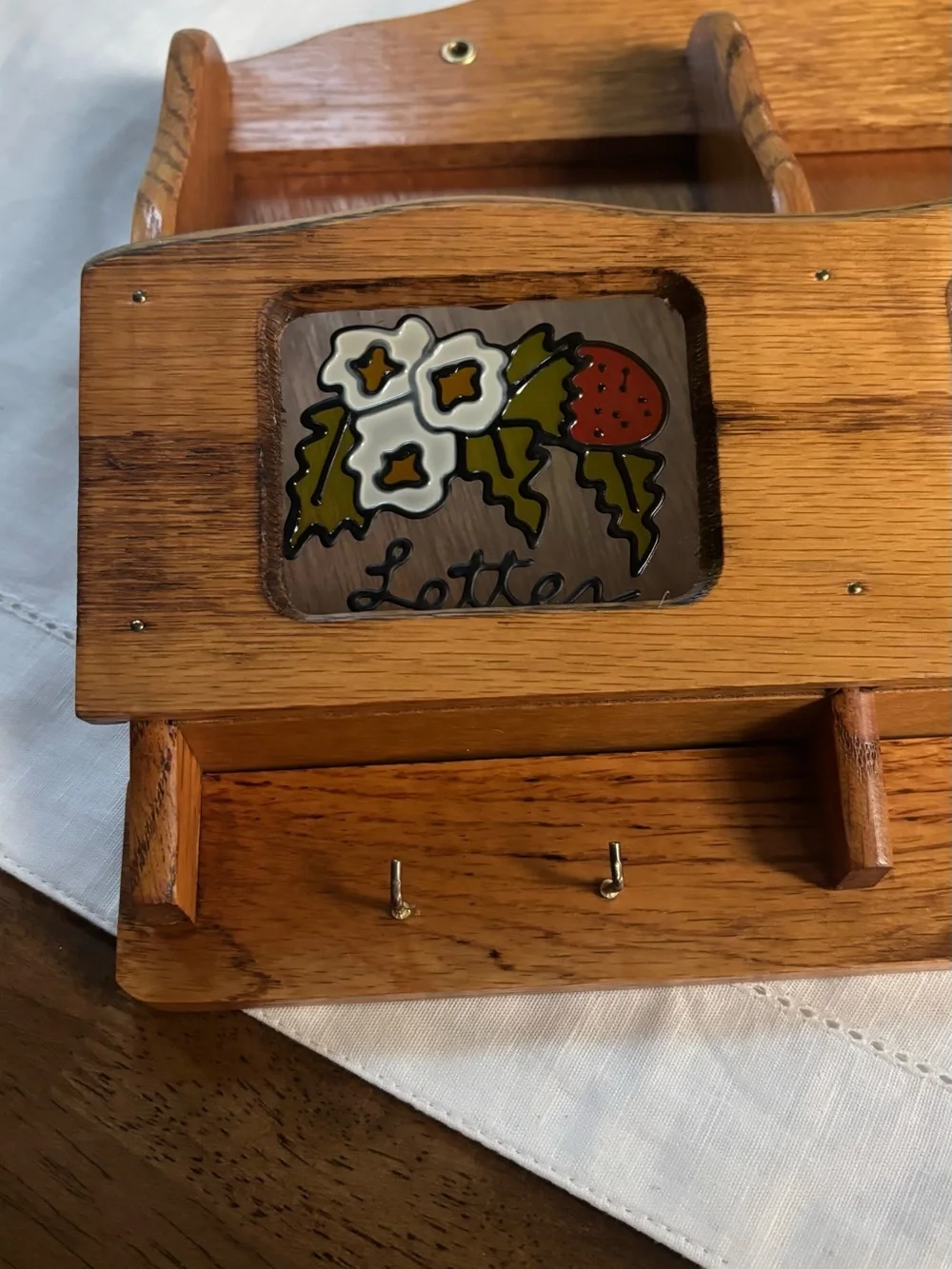 Vintage Wooden Wall Mail & Key Hanger with Strawberry Window Accents Cottagecore